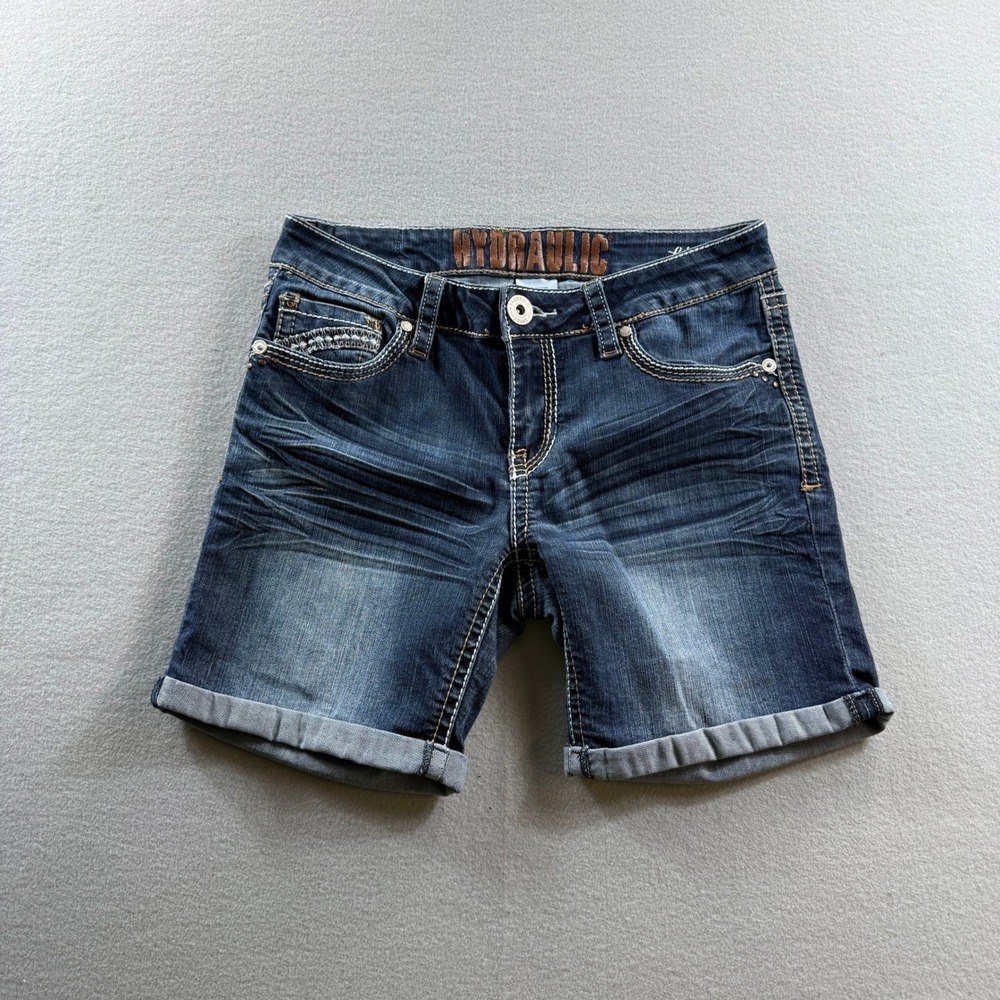 Hydraulic Denim Shorts Women 9/10 Blue Cuffed Embroidered Flap Pocket Lola 30"